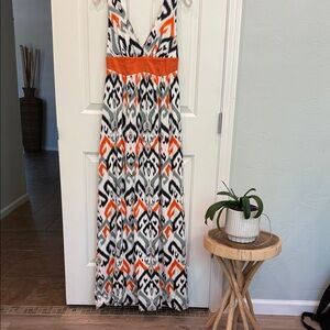 bebe White Maxi Dress with Black and Orange Geometric Print